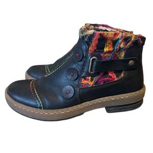 Rieker Felicitas Black Ankle Bootie w/Multicolor Knit Trim, Size 8-8.5, Bohemian